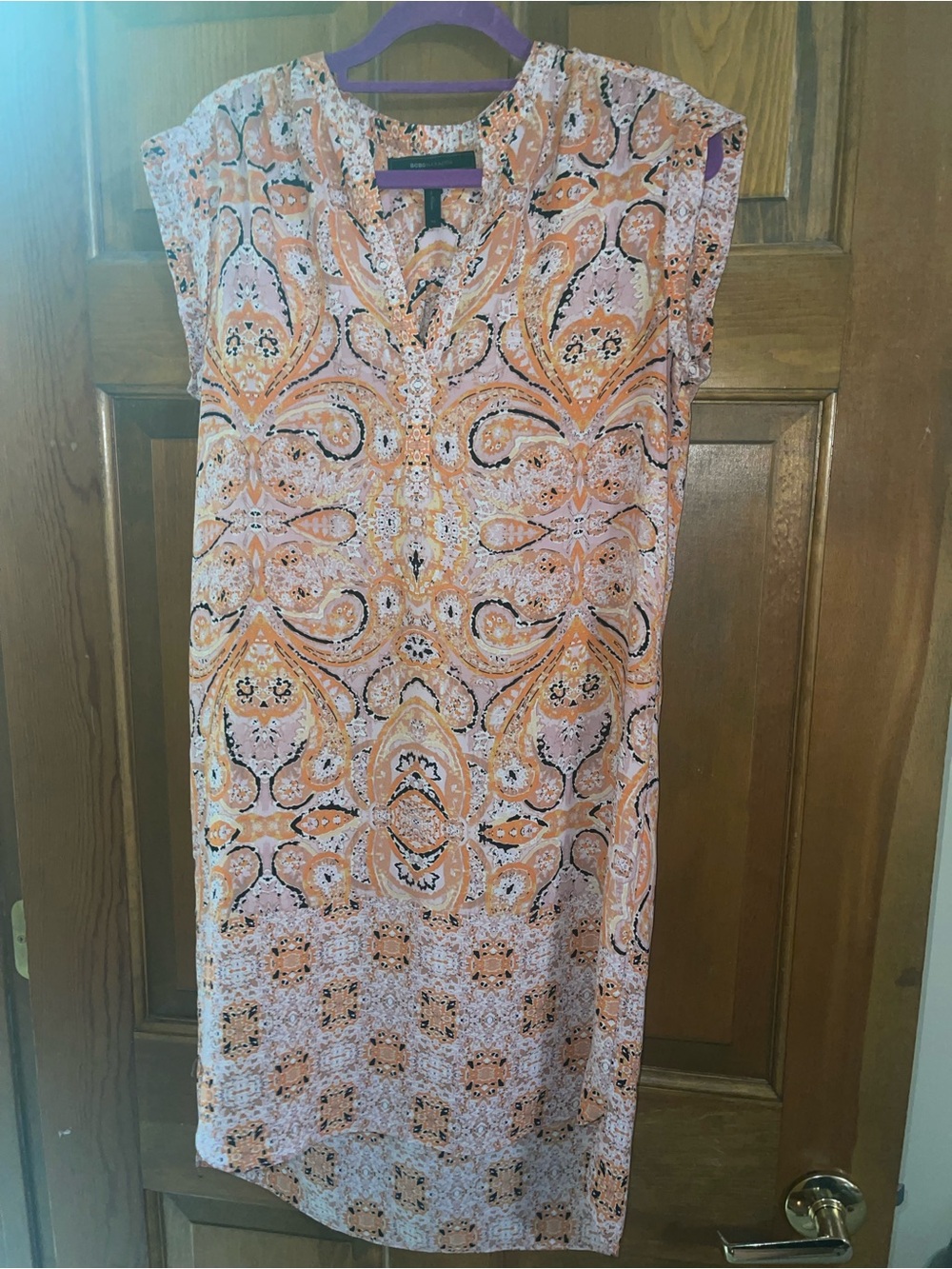 BCBGMaxAzria Peach and Black Paisley Midi Dress